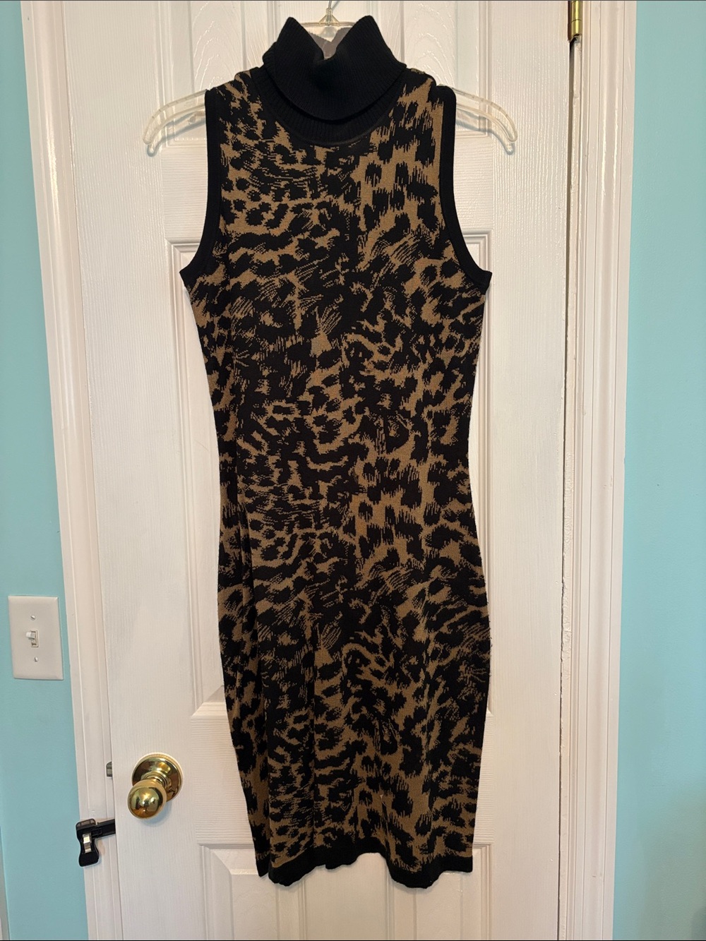Calvin Klein Black and Tan Sleeveless Turtleneck Midi Dress